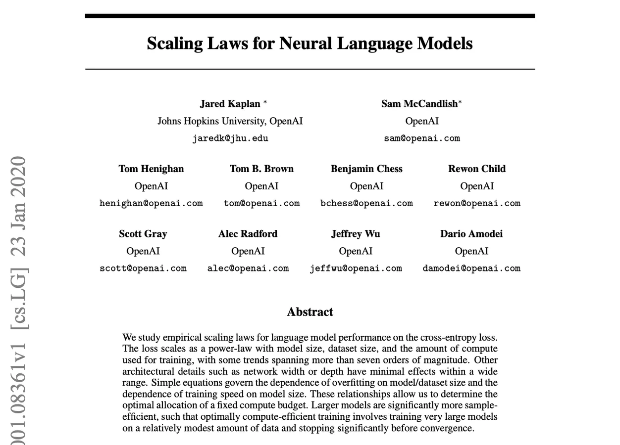 First page of the paper Scaling Laws for Neural Language Models by Kaplan and colleagues, 2020