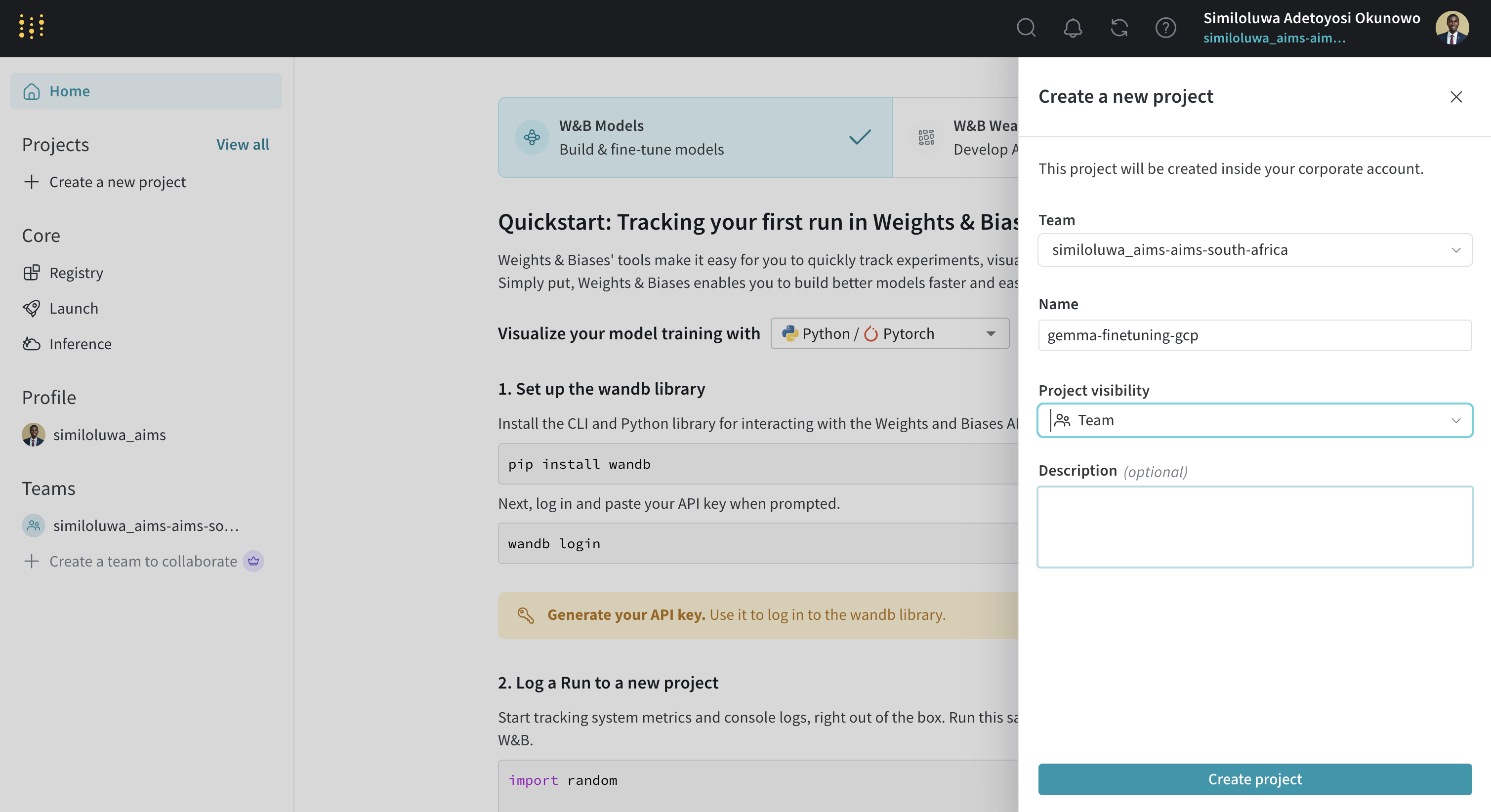 Create new project in WandB