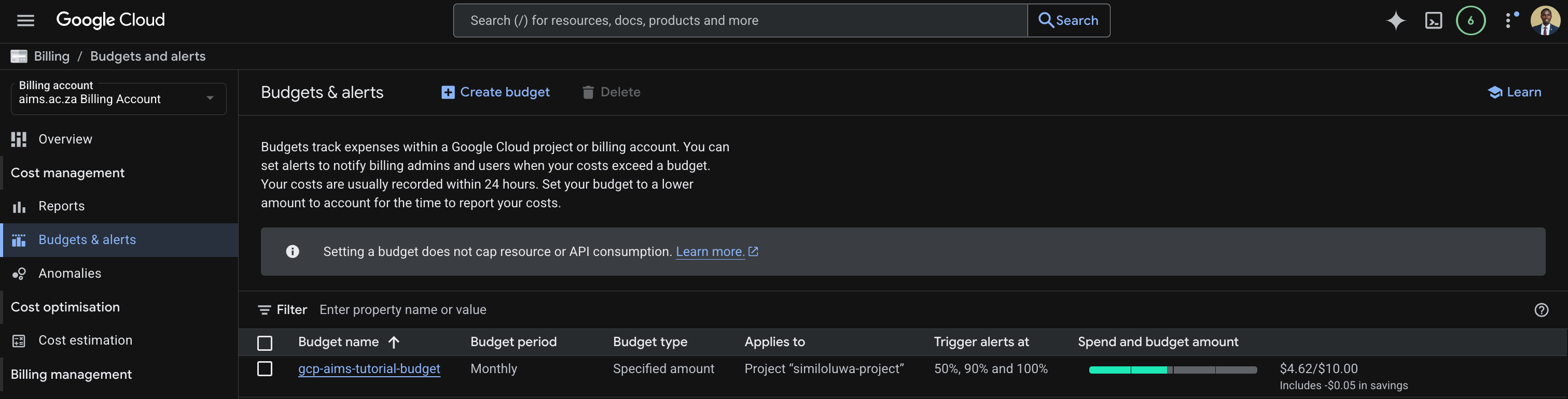 Budgets and alerts page