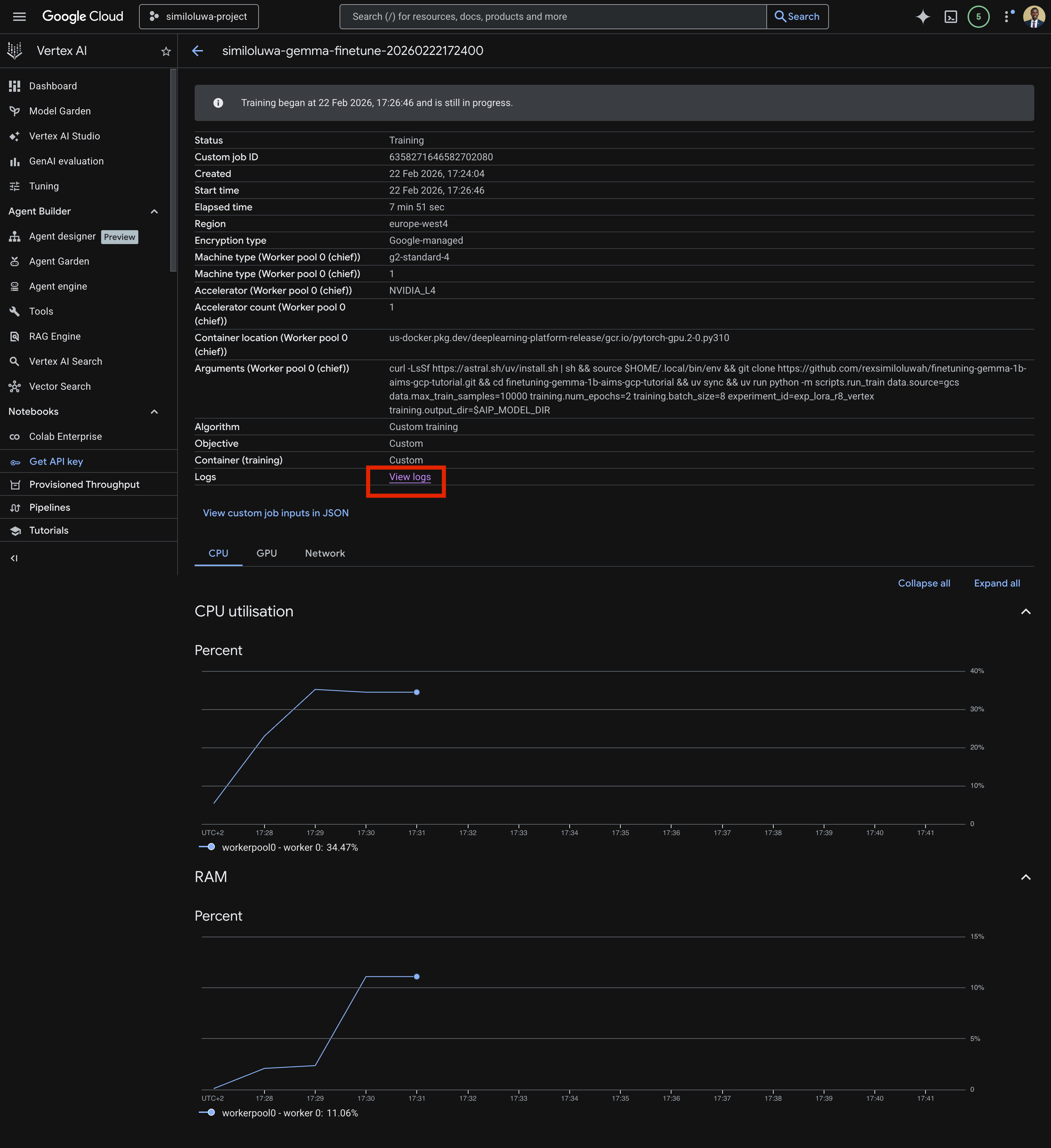 GCP Console showing details for a custom training job