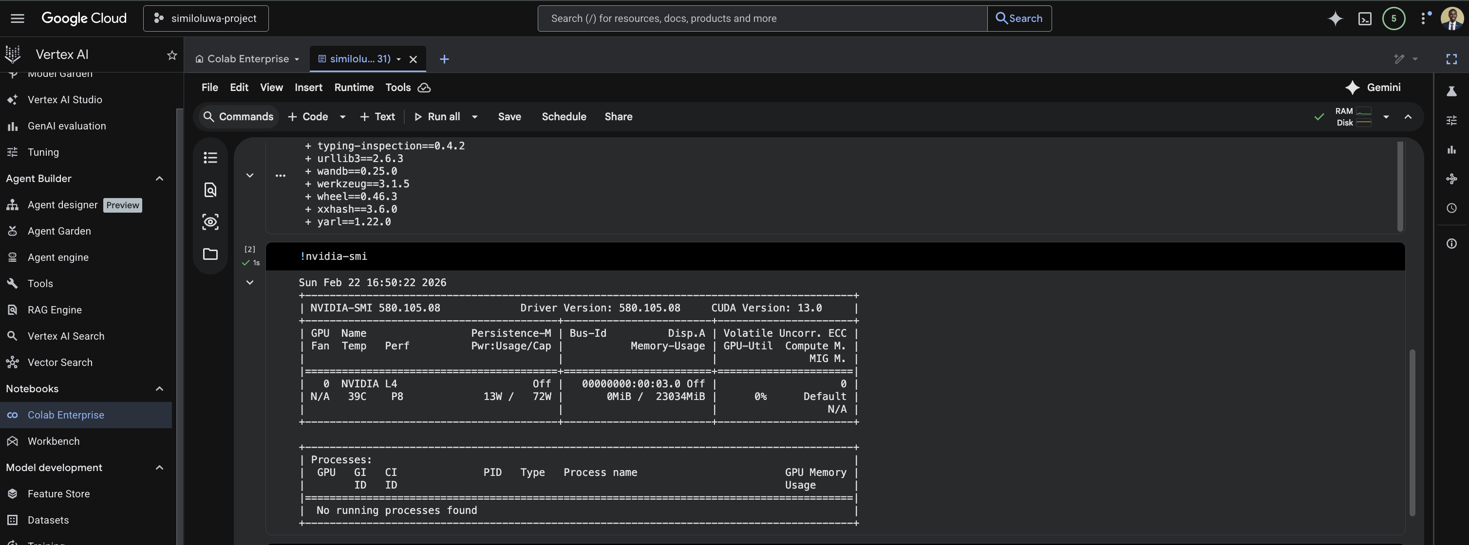 Testing `nvidia-smi` command in Vertex notebook
