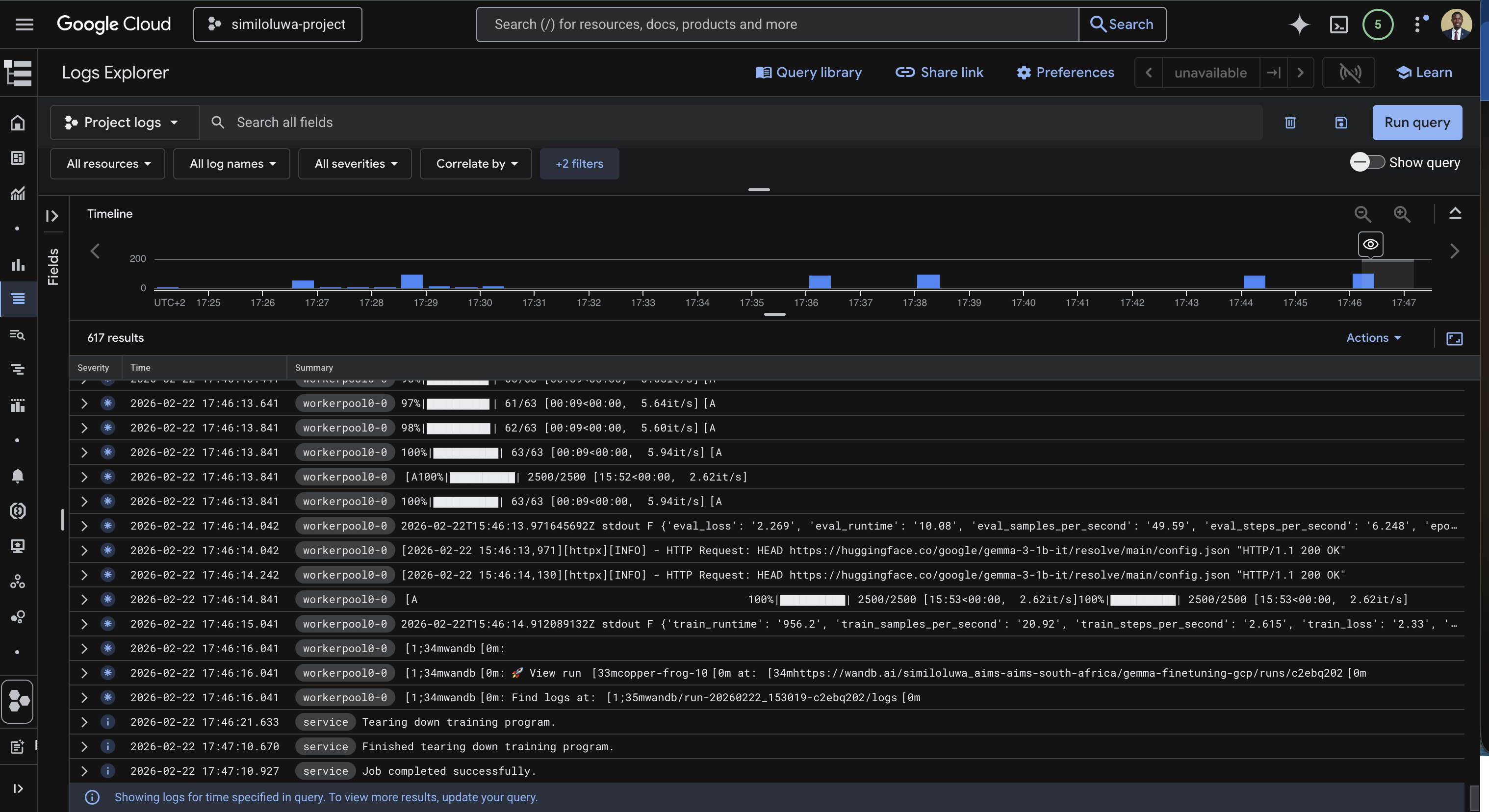 GCP Console showing the custom training job logs streaming in real time