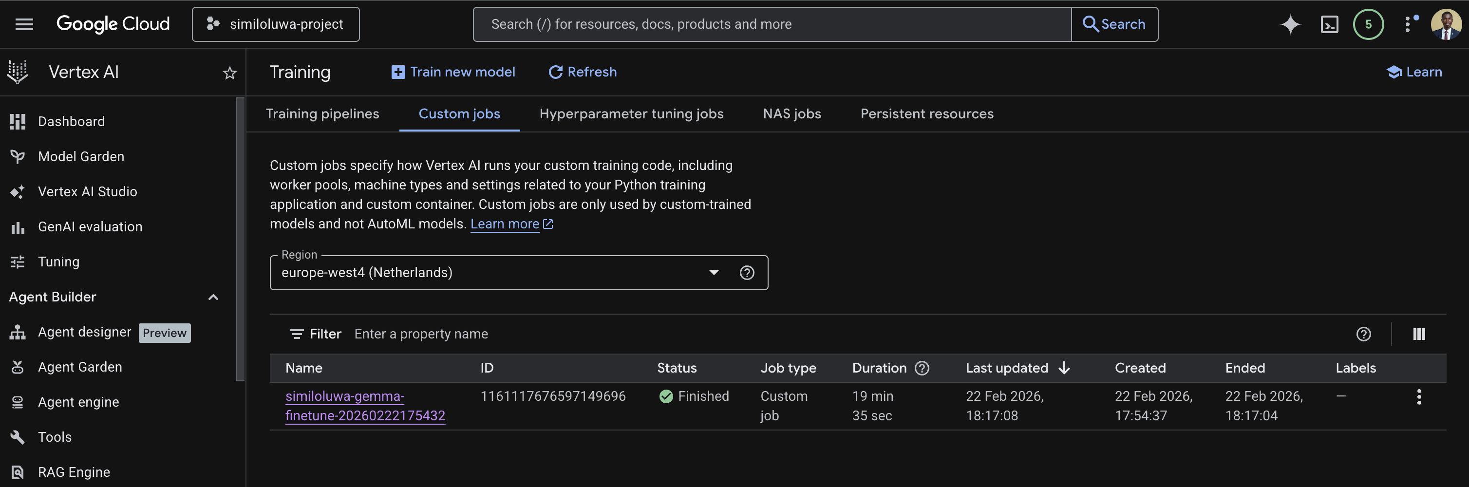 GCP Console showing the custom jobs list with job status