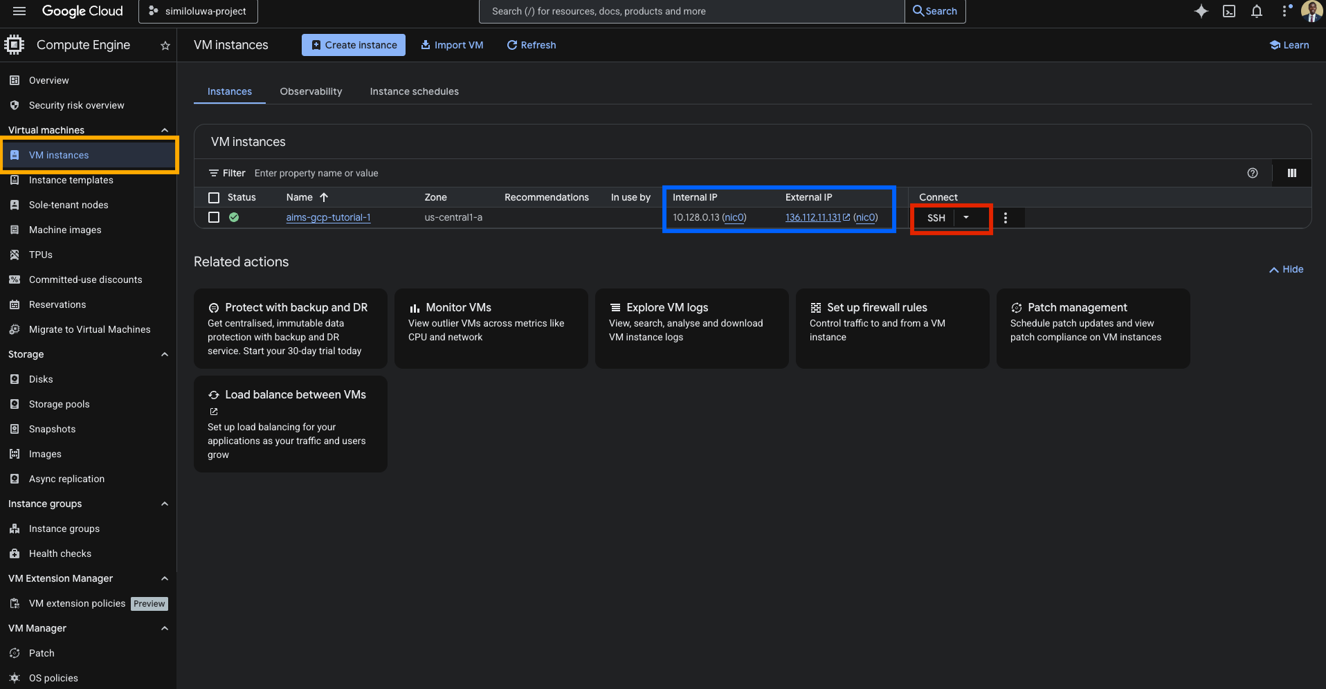 VM instances list