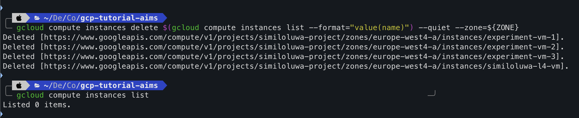 gcloud VMs deletion and resource cleanup