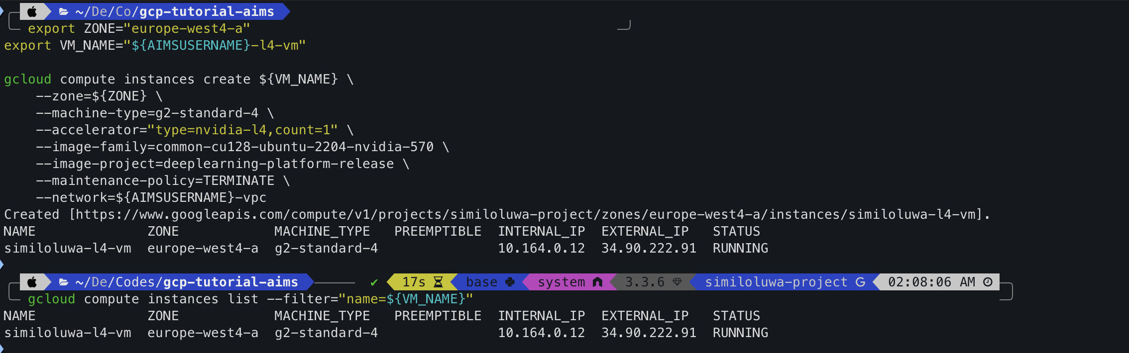 gcloud VM creation output